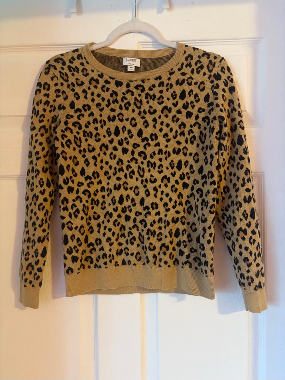 J. Crew Leopard Print Crewneck Teddie Sweater in Tan and Black